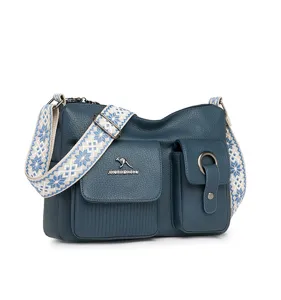 Stylish blue soft leather shoulder bag with wide pattern strap and multi-pockets.