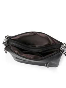 Black soft leather crossbody bag with ethnic straps, multi-pocket design, stylish and spacious.