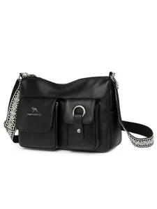 Black leather crossbody bag with wide strap, large capacity chic women shoulder bag.