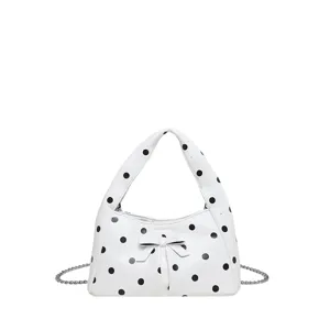 Retro Polka Dot Underarm Bag Women Fashion Casual Handbag Crossbody Bag with Bow and Chain