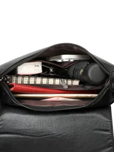 Black vintage soft leather women crossbody shoulder bag interior large capacity display.