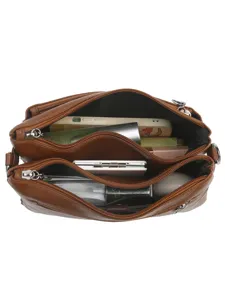 Multi-compartment PU leather crossbody bag for women stylish brown shoulder handbag with zippers
