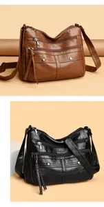 Women multi-pocket PU leather shoulder bag casual crossbody handbag stylish daily tote.