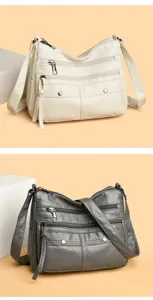 Casual multi-pocket PU soft leather shoulder bag with zippers and stitching details.