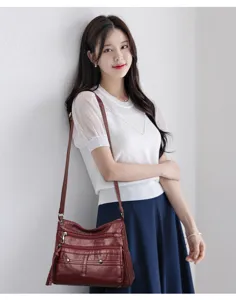 Women PU leather multi-pocket shoulder bag casual crossbody handbag dark red stylish daily use