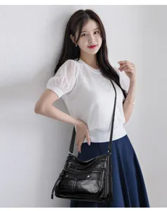 Casual multi-pocket soft PU leather women shoulder crossbody bag for daily use and travel.
