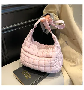 Stylish pink quilted puffer hobo bag, large capacity casual crossbody dumpling bag.
