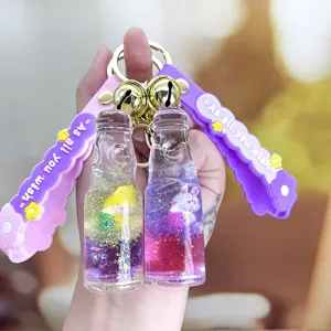 Cute Quicksand Liquid Soda Bottle Cartoon Animal Keychain Acrylic Liquid Floating Glitter Car Bag Pendant Charm Gift