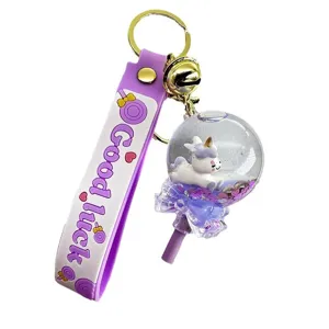Cute purple unicorn quicksand lollipop keychain, stylish bag charm and metal ring pendant.