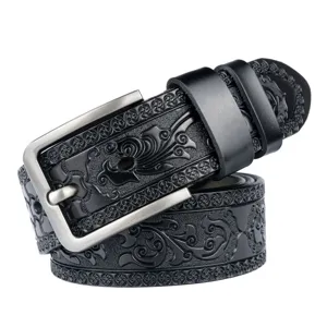 Men's vintage embossed leather belt with alloy pin buckle, black casual business waist belt.