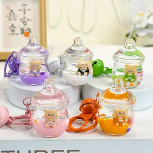 Cute Cartoon Bear Feeding Bottle Keychain Liquid Quicksand Bag Pendant Car Key Ring Ornament For Women Girls