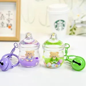 Liquid floating bear baby bottle keychain cute cartoon bag charm car key pendant