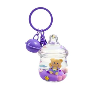 Cute liquid bear baby bottle keychain purple charm for bags and car keys accessory.