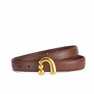 Ceinture pour femme en cuir PU caramel, boucle dorée élégante, parfaite pour jean et robe.