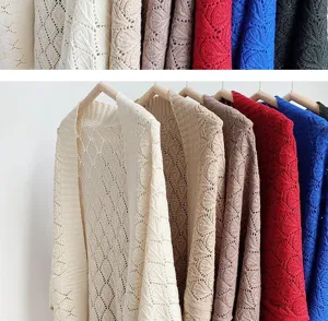 Detailed view of hollow knit cardigan shawl, multiple colors, breathable texture, stylish daily wear.