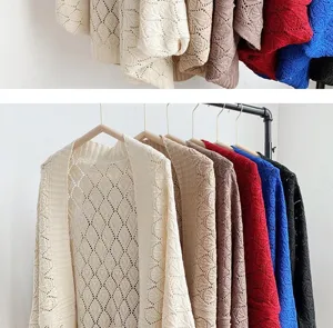 Women hollow out knit cardigan shawl loose casual long sleeve sweater outerwear multi colors