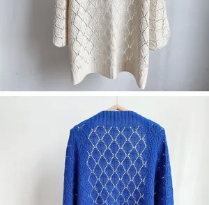 Detailed view of women's hollow out knitted cardigan, showing elegant open front sweater design.