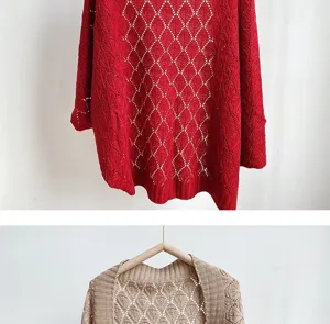 Detailed view of hollow knit cardigan sweater, casual loose style for women daily wear.