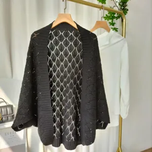 Black hollow knit cardigan shawl for women, casual loose outerwear perfect for summer and spring.