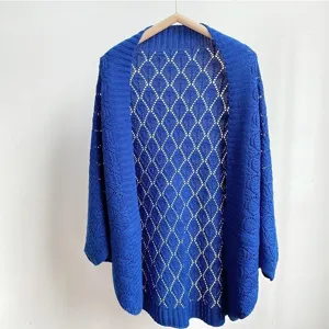Blue hollow knitted cardigan loose summer shawl casual outerwear for women fashionable.