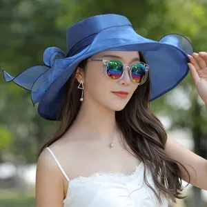 Elegant blue organza sun hat for women wide brim beach sunhat floral summer outdoor sun protection