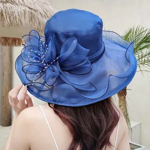 Women Summer Organza Sun Hat Floral Mesh Beach Sun Protection Hat Wide Brim Casual Ladies Elegant Church Dress Hat