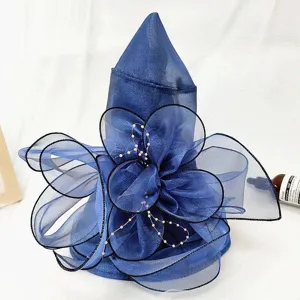 Summer blue organza floral sun hat mesh beach sun protection women fascinator hat style.