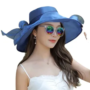 Women's blue organza wide brim sun hat summer beach sunshade mesh floral dress hat main
