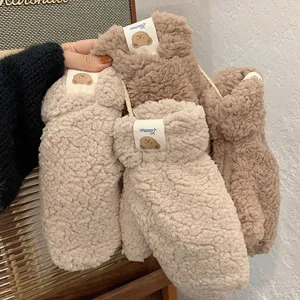 Cute winter fleece hanging neck gloves for women, warm plush bear label mittens for student daily.