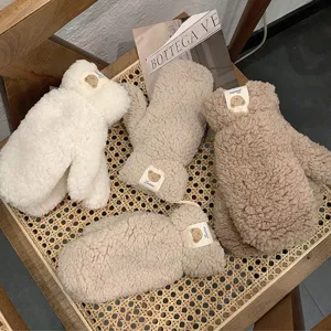 Winter cute fluffy bear patch fleece gloves for women, warm thick cold-proof cycling mittens.