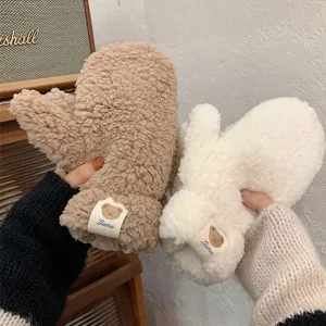 Cute winter lamb fleece gloves with bear patch, cozy thermal thick mittens for women riding.
