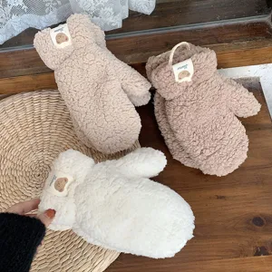 Cute fuzzy bear plush mittens for women, thick warm winter fleece gloves with hanging strap.