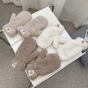 Winter cute bear patch lamb wool mittens thick warm fleece lined hanging neck gloves for women