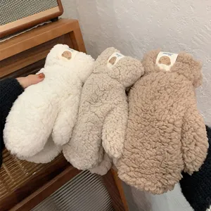 Winter cute bear plush mittens for women, thick fleece-lined warm hanging neck gloves for riding.