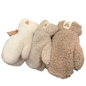 Cozy winter fleece mittens with cute bear patch, thick warm plush gloves for women and girls.