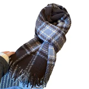 Écharpe à carreaux bleu brumeux, longue écharpe chaude à franges, design coréen.