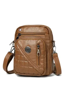 Women Fashion Crossbody Shoulder Bag Washed PU Leather Multi Layer Zipper Cell Phone Pouch Casual Daily Handbag