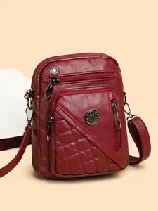 Red washed leather crossbody bag women multi-layer zipper shoulder phone purse daily use