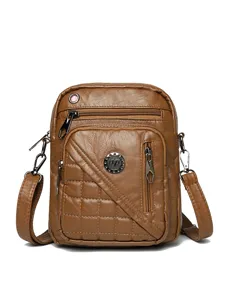 Stylish brown washed leather crossbody phone bag with multi zippers for women daily use.