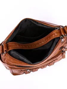 Women multi-layer soft leather shoulder bag, casual brown crossbody handbag for daily use.