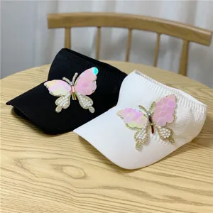 Cappello da sole vuoto da donna con decorazione farfalla perla paillettes visiera estiva.