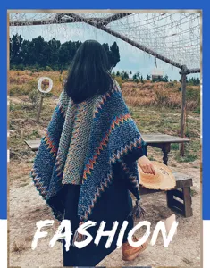 Ethnic color-block knitted cape shawl, warm thickened women's outerwear for travel daily wear.