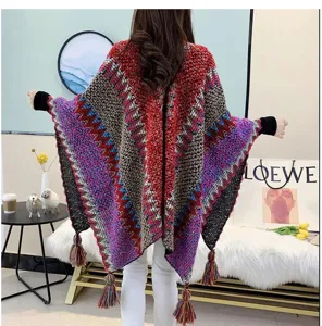 Ethnic color-block knitted shawl fringe poncho women's thick warm cape cardigan top