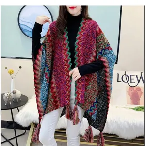 Ethnic color-block knitted shawl women winter thick tassel cape poncho travel outerwear