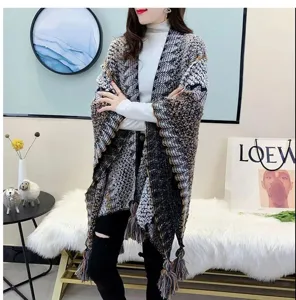 Ethnic color-contrast knitted shawl cape for women, thick fringe winter outer wear travel cloak.