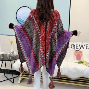 Ethnic style color block knitted poncho women winter thick warm tassel cape casual outer wear