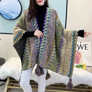 Women ethnic color-block knit cape winter warm tassel poncho shawl outer wear travel jacket