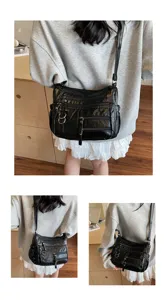 Zwarte leren damestas met meerdere vakken schoudertas crossbody gedetailleerd retro design.