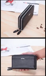 Schwarze Herren Geldbörse mit Doppelreißverschluss, Business Handytasche mit großem Stauraum.