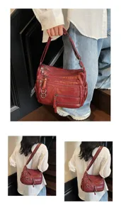 Vintage rode leren schoudertas met meerdere vakken, casual crossbody tas voor dames.